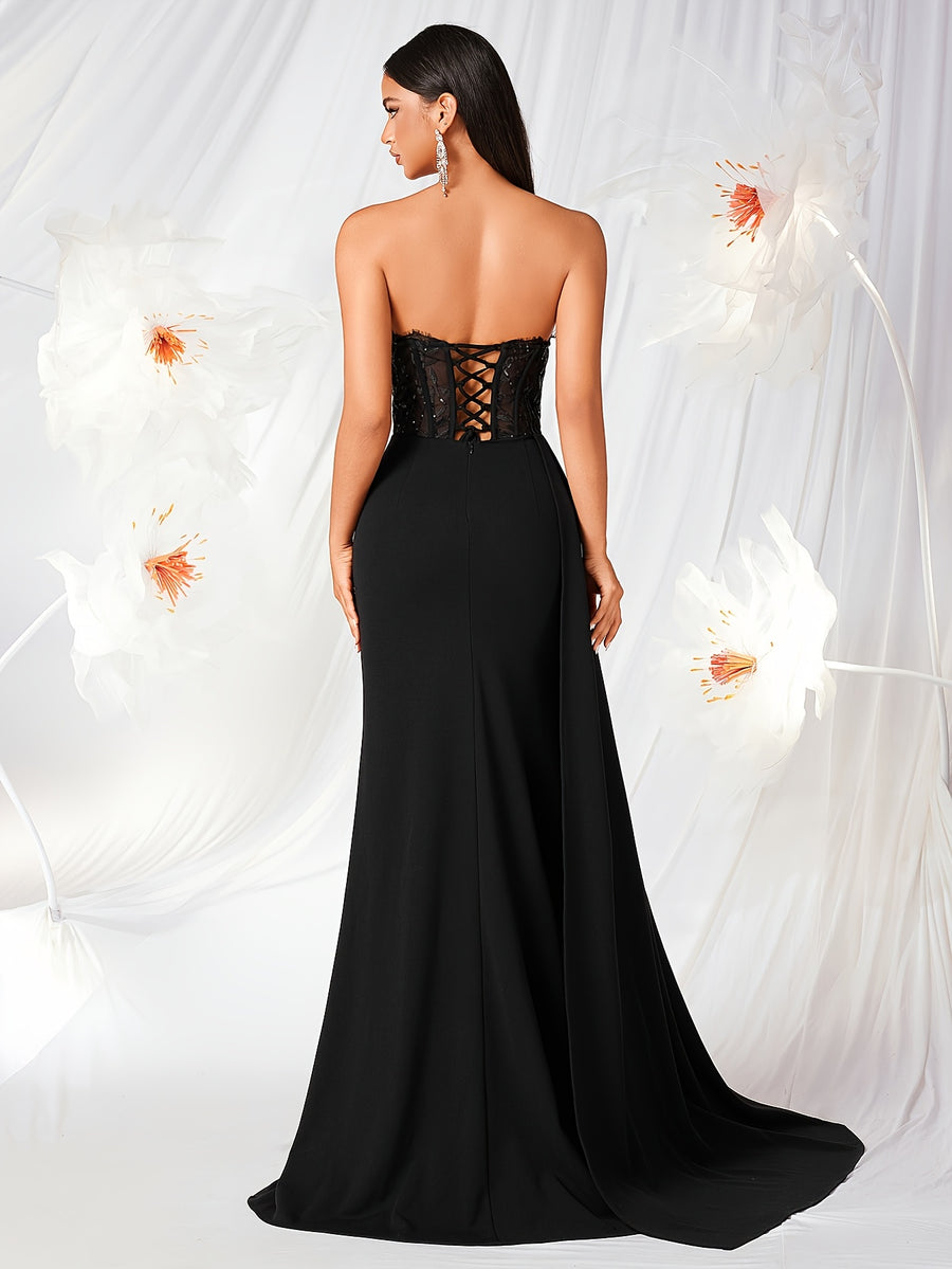 Tube Top with Small V-Neck, Mesh Panel, Sheer Long Ribbon, Slit, and Back Tie for Prom, Party, Formal Dress, Graduation Ball, Birthday Party, Evening Date, Back-to- Party, Wedding Guest, and Formal Dinner - Black