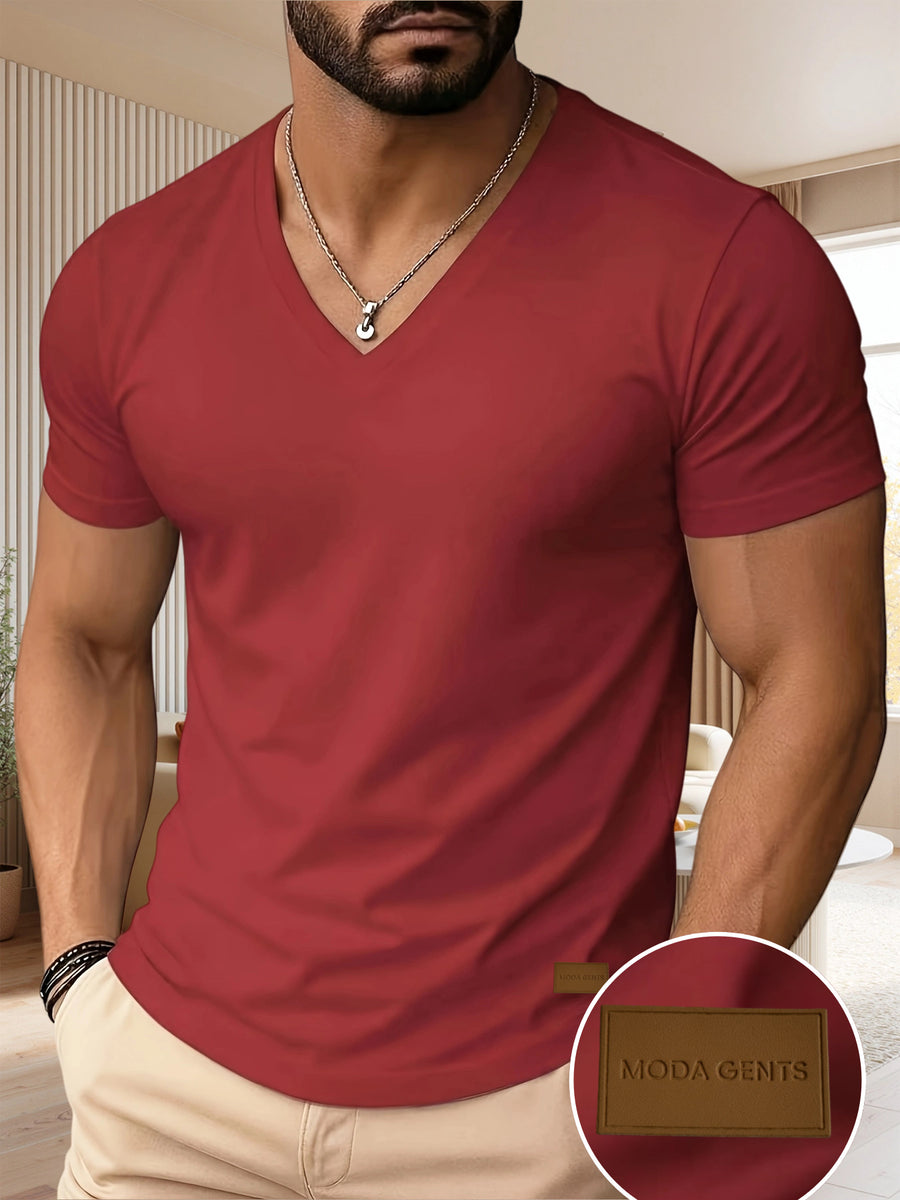 180g 100% Men's V-Neck T-Shirt, Solid Color Short Sleeve Top, Casual Base Layer, "MODA GENTS" Brand, Men's All-Season Daily Wear, Father's Day Gift, Back-to-School Season, Dates & Dinner Parties, Designed Clothing - Red