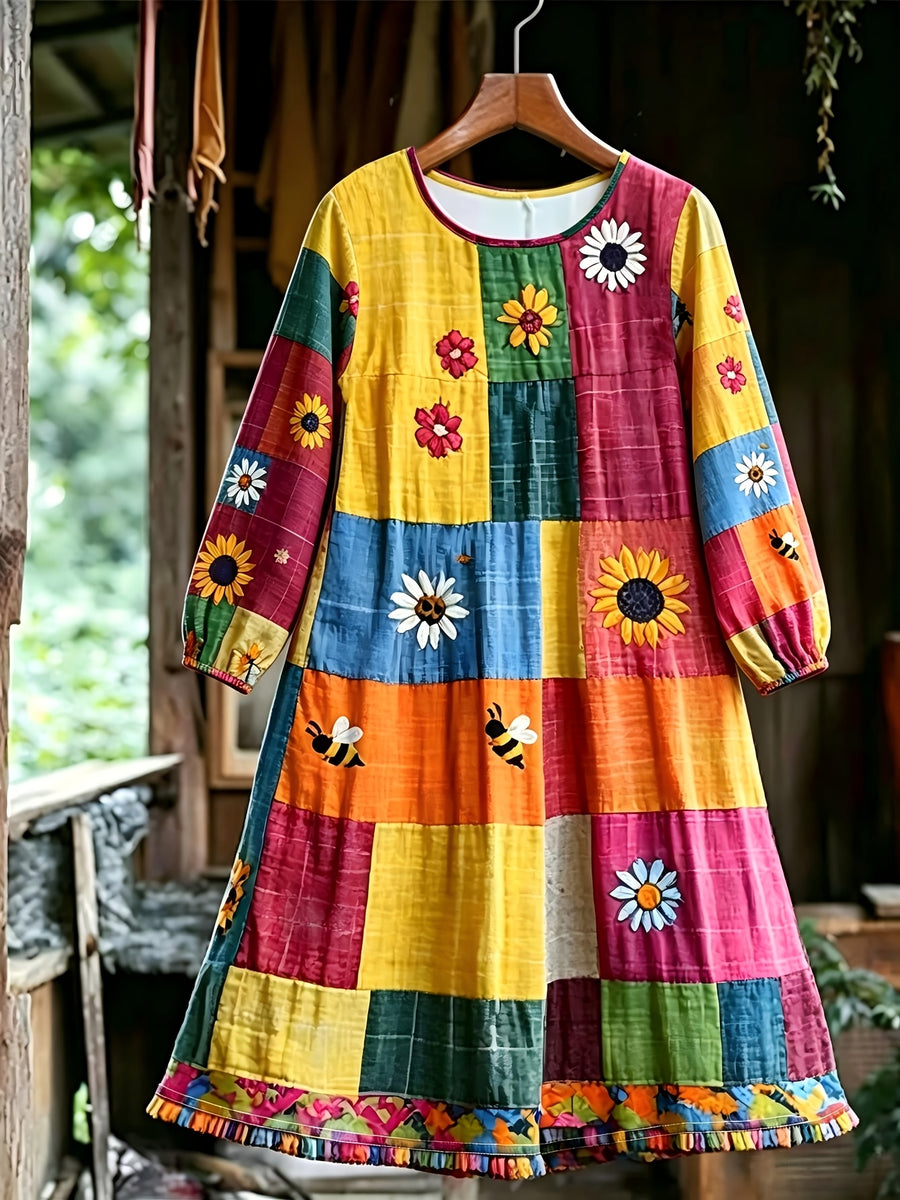 Plus Size, Plus Size Women's Vintage Sunflower & Bee Print Dress - Elegant Patchwork -Line Dress with Round Neck, Long Sleeve Suitable for - Wear, Machine Washable Suitable for Casual, Office, Semi-Formal Outfits - Multicolor