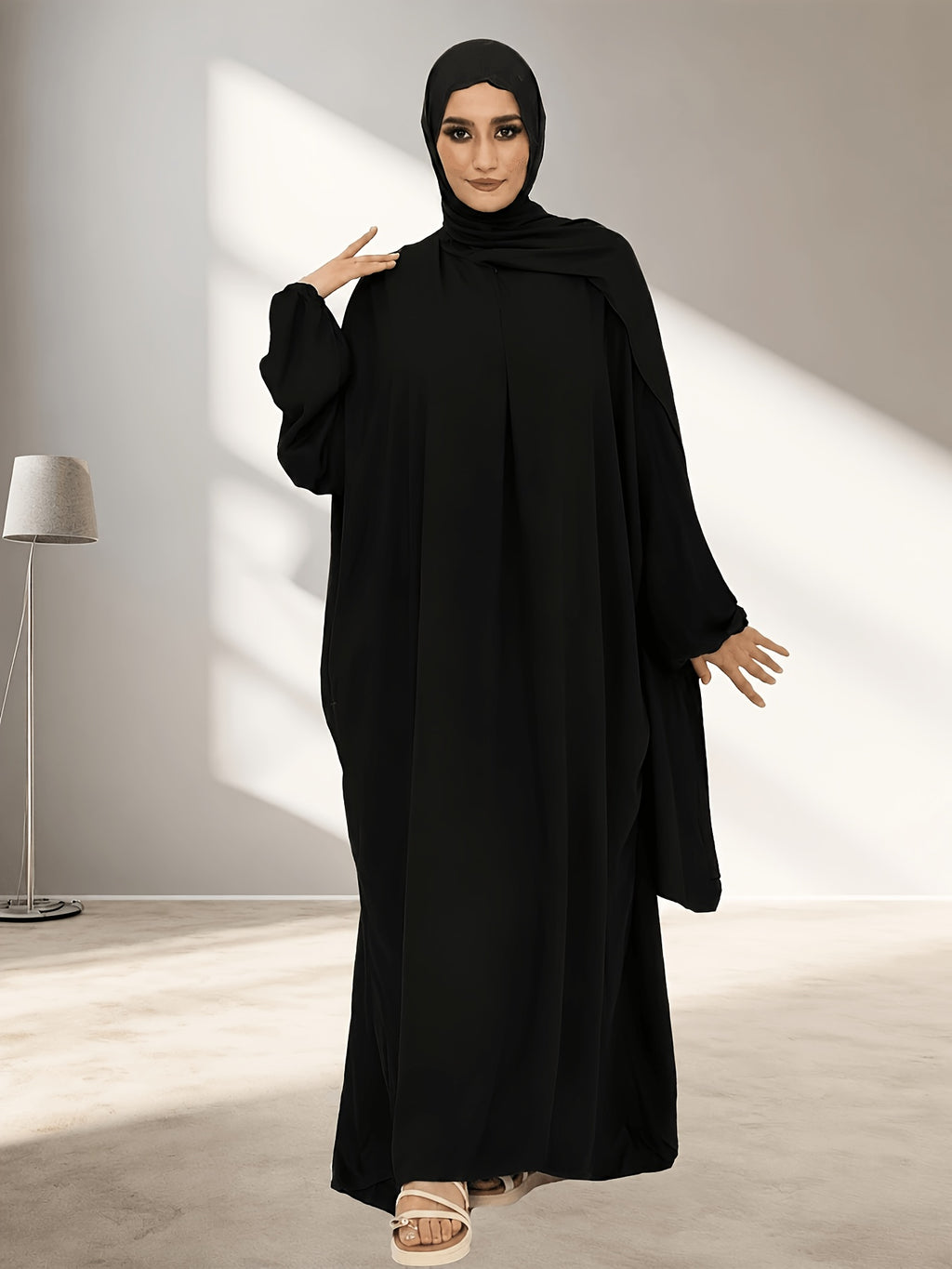 Muslim Traditional Women's Loose Abaya, Integrated Scarf Design, Suitable for Islamic Festivals (Ramadan, Eid Al-Fitr, Eid Al-Adha) - Black