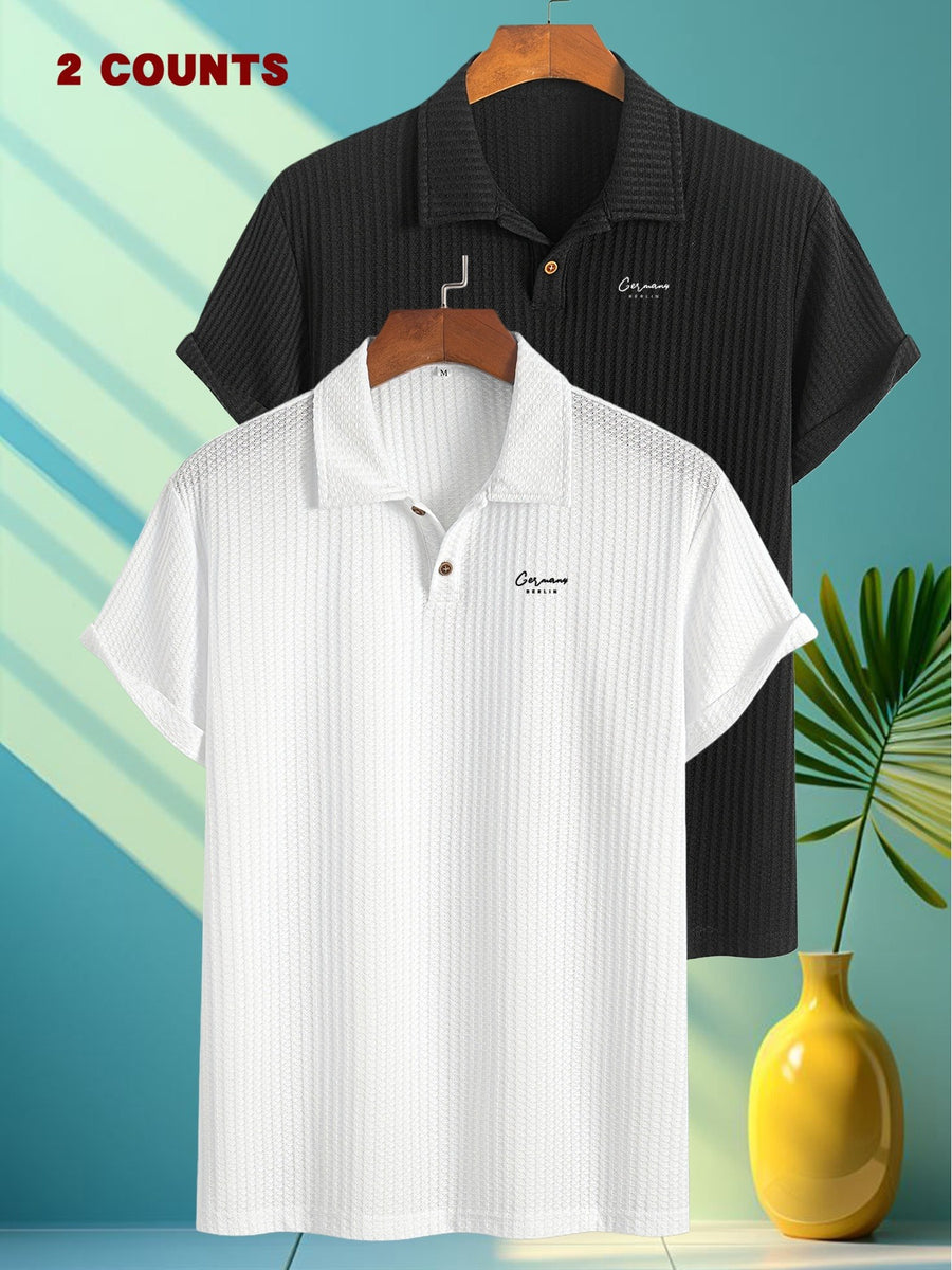 FM350 Crown And Ten Print Pattern 2pcs Set Summer Men'S Textured Jacquard Short-Sleeved POLO Shirt Comfortable Casual Soft Knitted Lapel Daily Business Top Gift - White+black
