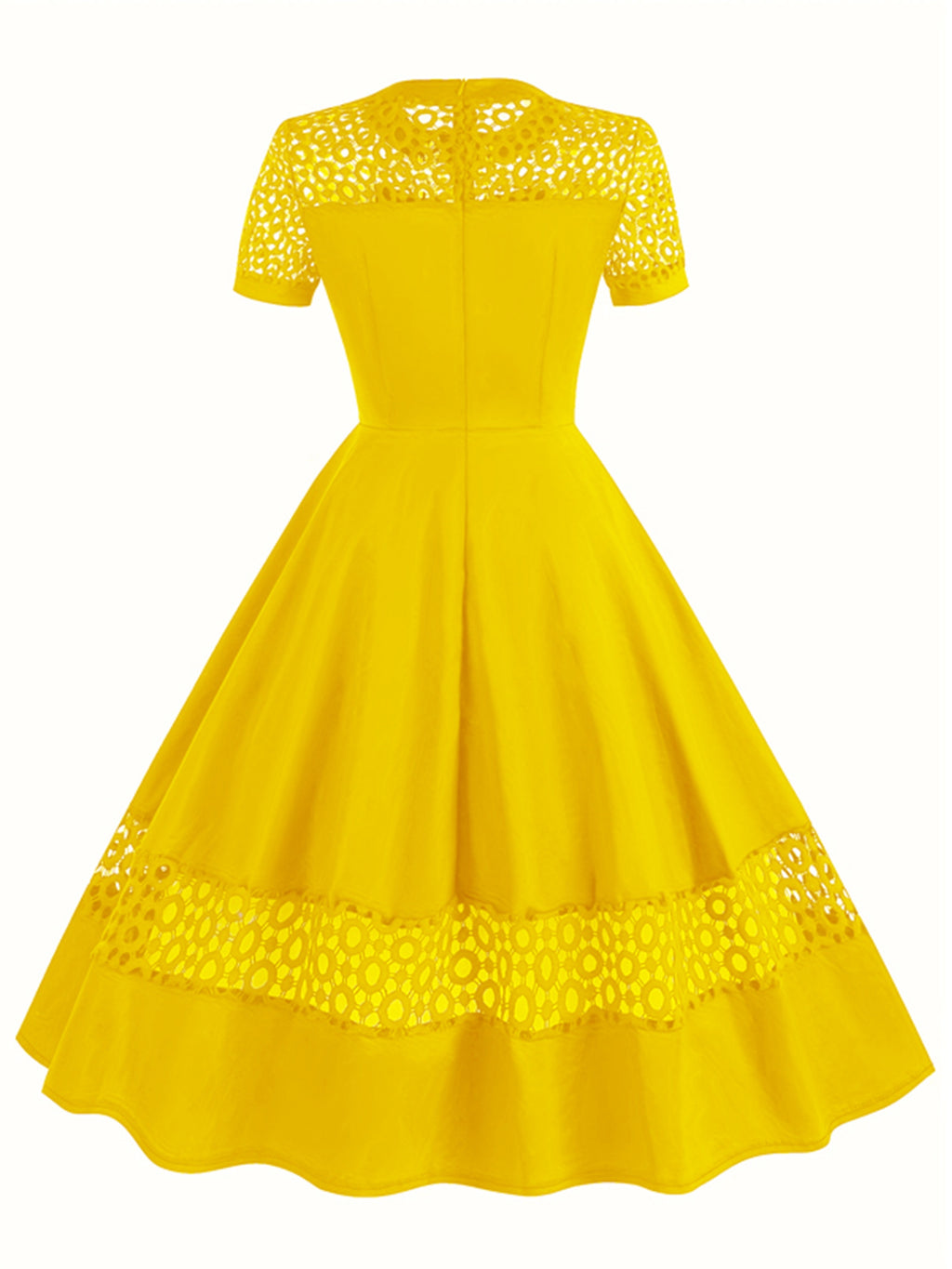 Vintage 50s Women's Dress with Round Neck, Lace Trim, and Short Sleeves - Yellow
