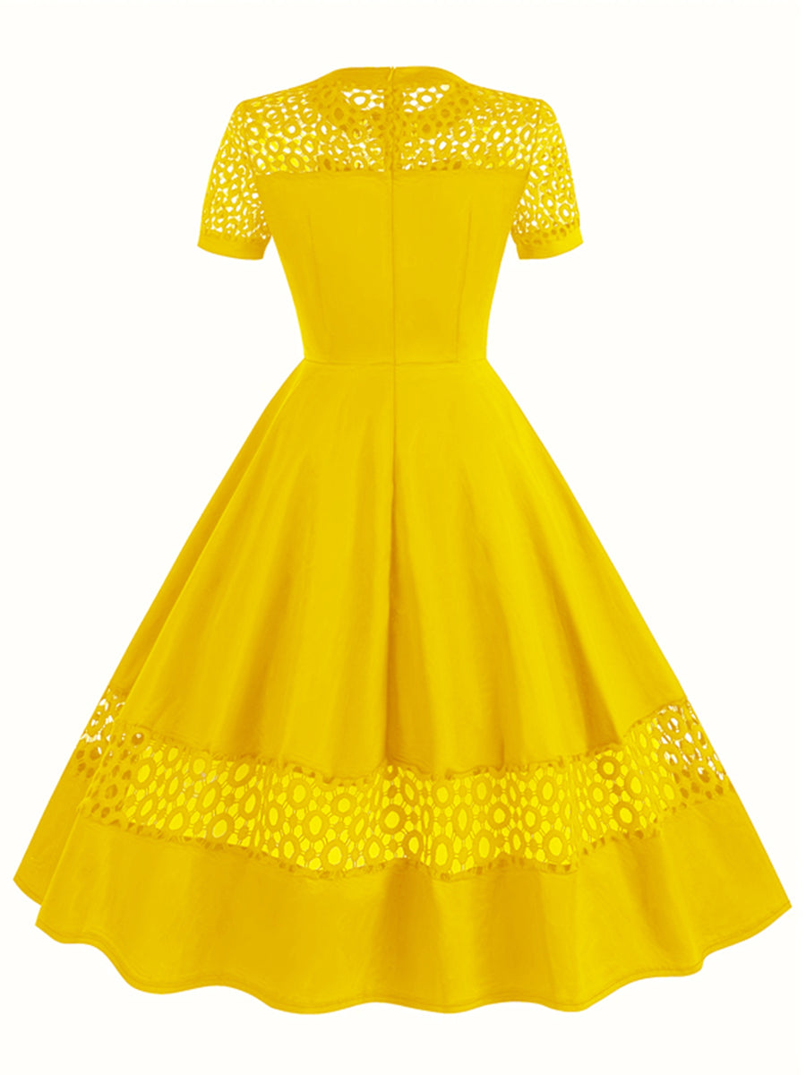 Vintage 50s Women's Dress with Round Neck, Lace Trim, and Short Sleeves - Yellow