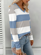 Women's Blue-Gray and White Wide Stripe V-Neck Long Sleeve Base Layer Top, Slim Fit,, Casual Commuter Contrast Stripe Pullover Top - Mixed colors