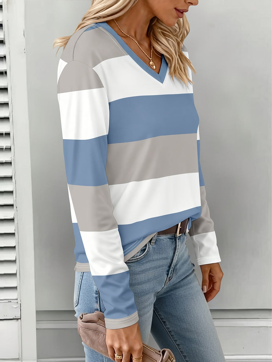 Women's Blue-Gray and White Wide Stripe V-Neck Long Sleeve Base Layer Top, Slim Fit,, Casual Commuter Contrast Stripe Pullover Top - Mixed colors