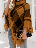 Spring/Autumn New Plaid Color-Block Fringe Shawl Women's High-Neck Irregular Pullover Sweater - Camel