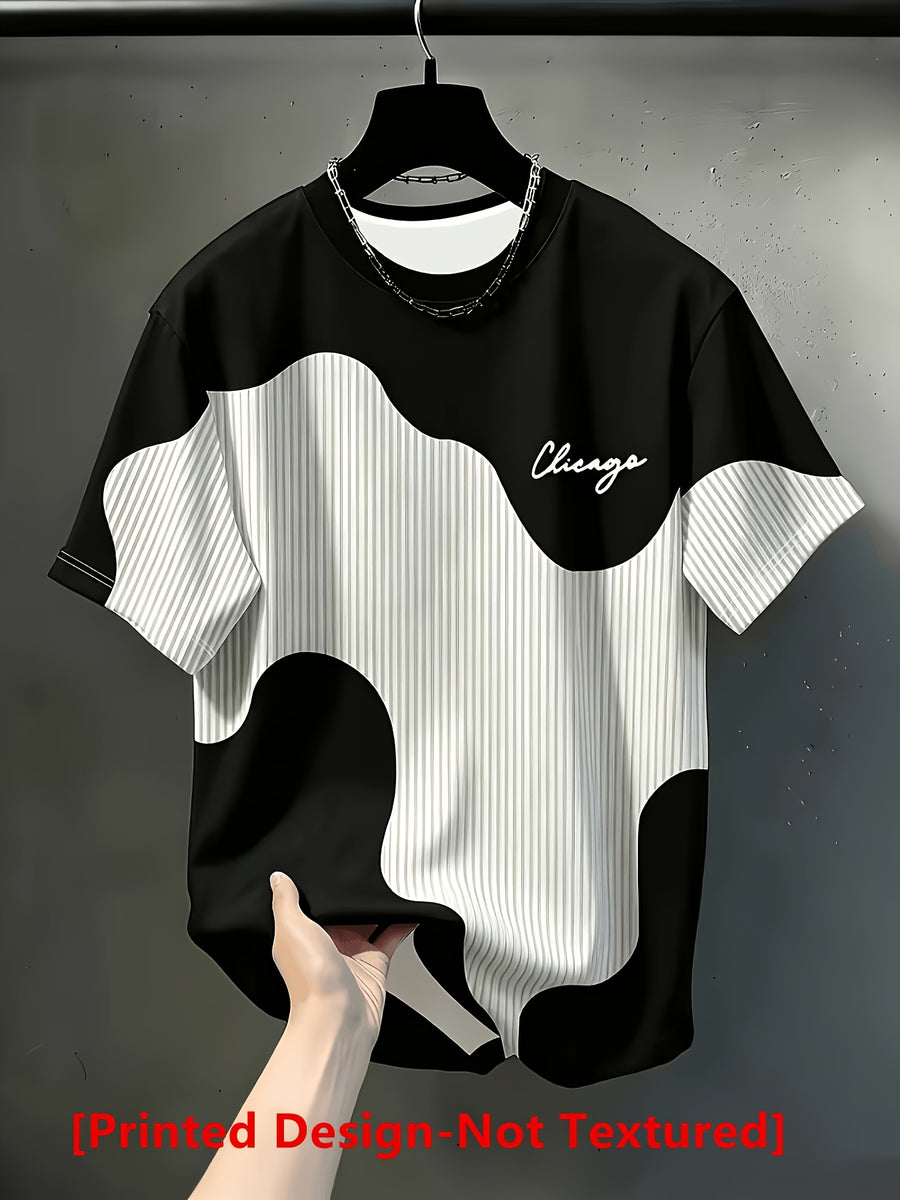 Printed Design Not Textured Needle-Eye Fabric Men's Casual Crew Neck T-Shirt, Geometric Pattern Patchwork Stripe Design, Chicago Word "Chicago" Graphic, Draping Fashion Top, All-Season Wear, Breathable Regular Fit for Daily and Formal Outfits - Mixed Color 8