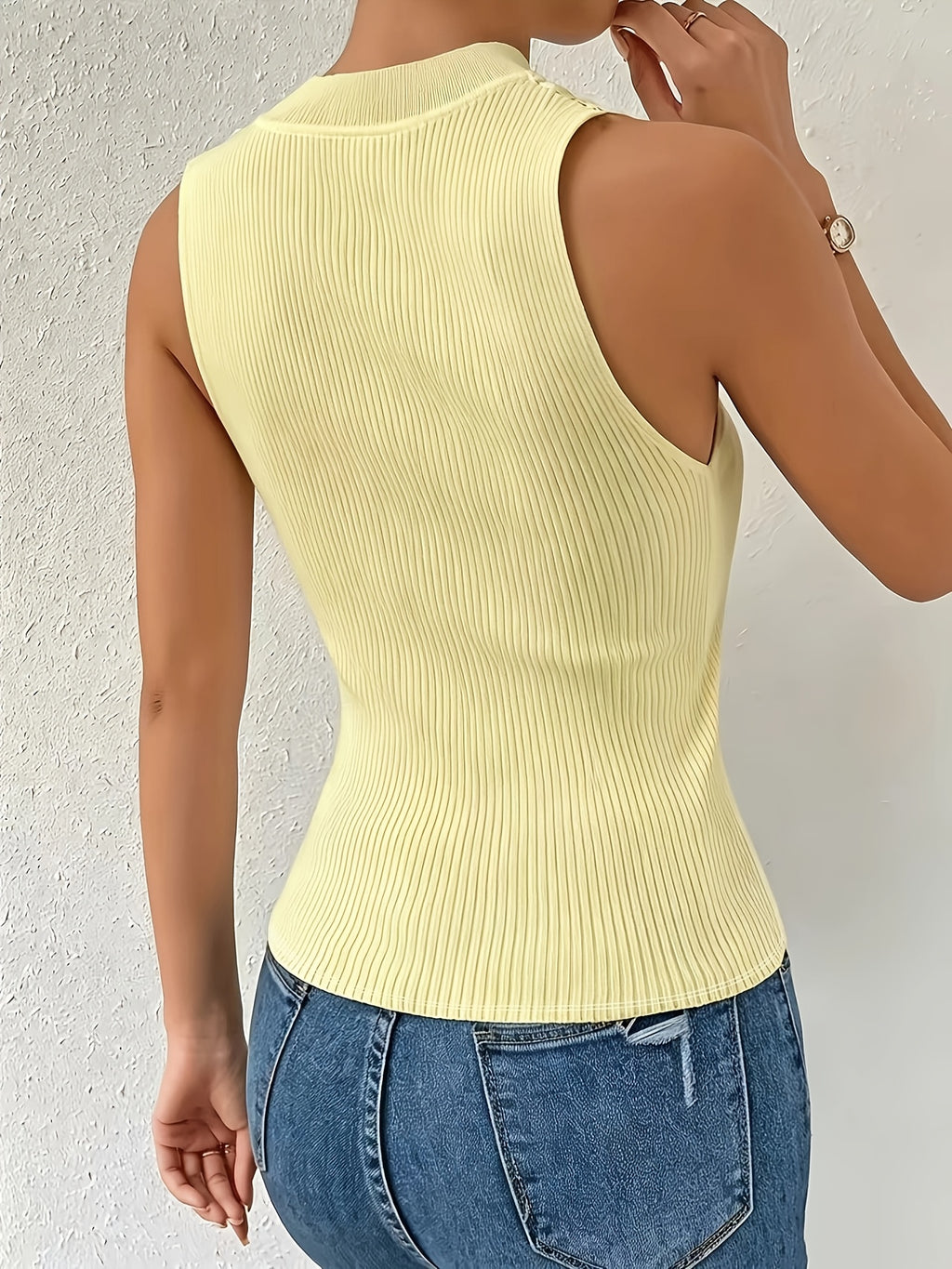 French Lace Elegant Patchwork Mock Neck Vest Top - Yellow