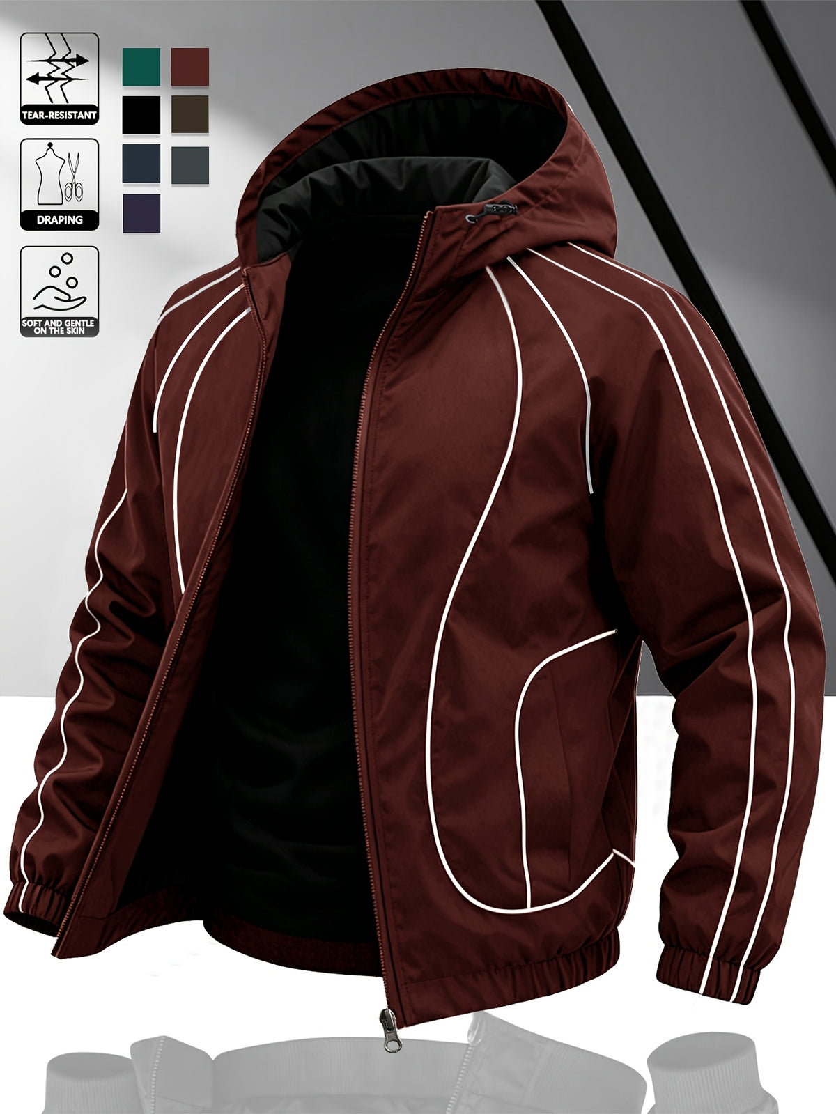 Men's Lightweight Hooded Zip-Up Jacket with White Drawstrings, Thin Style, Suitable for All Seasons, JK5689 - Burgundy