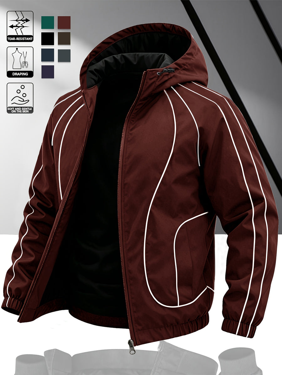 Men's Lightweight Hooded Zip-Up Jacket with White Drawstrings, Thin Style, Suitable for All Seasons, JK5689 - Burgundy