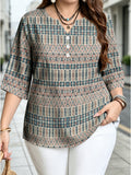 Fashion Women's Wear Vintage Ethnic Style Geometric Diamond Print Three-Quarter Sleeve Top for Women, Small V-Neck Half-Button Casual Shirt for Spring/Summer, Artistic and Elegant Mom Blouse, a Perfect Gift for Women [Printed Design – Not Textured] - Mixed colors