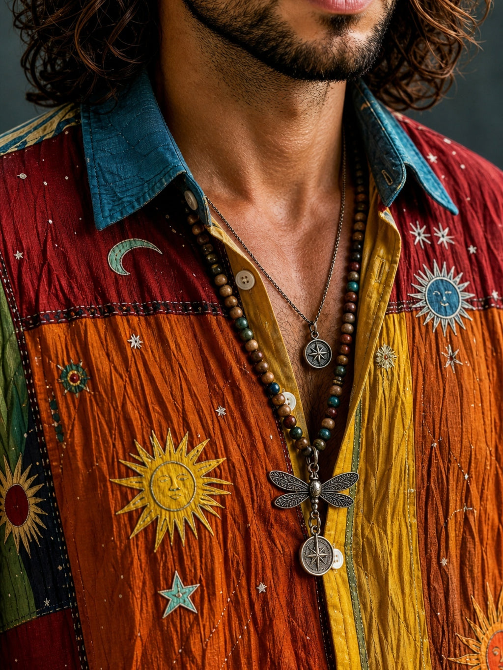 Printed Design - Not Textured Men'S Vintage Astronomical Patchwork Short-Sleeve Shirt, Lightweight And Breathable Casual Button-Up Top, Adorned with Vintage Bohemian Sun, And Star Prints, Ideal Gift for Summer Beach Vacations And Birthdays - JAHFQ080816441