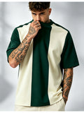[Printed Design - Not Textured] Men'S Round Neck Short Sleeve T-Shirt, Green White Vertical Contrast Color Patchwork Loose Drop Shoulder Top, Retro Casual Style Men'S Clothing, Easy Trendy Versatile Daily Commute Short Sleeve Tee, Easy Premium Top - Mixed colors