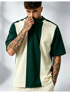 [Printed Design - Not Textured] Men'S Round Neck Short Sleeve T-Shirt, Green White Vertical Contrast Color Patchwork Loose Drop Shoulder Top, Retro Casual Style Men'S Clothing, Easy Trendy Versatile Daily Commute Short Sleeve Tee, Easy Premium Top - Mixed colors