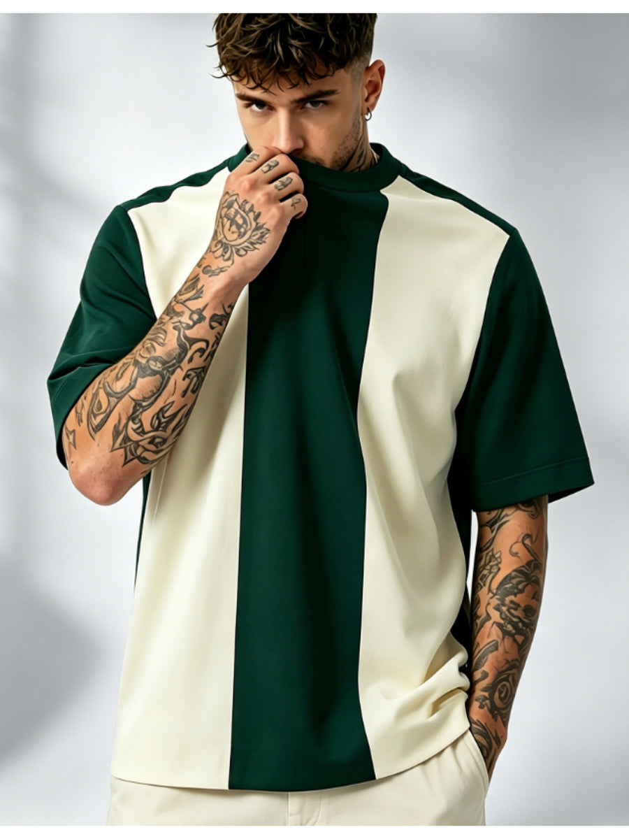 [Printed Design - Not Textured] Men'S Round Neck Short Sleeve T-Shirt, Green White Vertical Contrast Color Patchwork Loose Drop Shoulder Top, Retro Casual Style Men'S Clothing, Easy Trendy Versatile Daily Commute Short Sleeve Tee, Easy Premium Top - Mixed colors