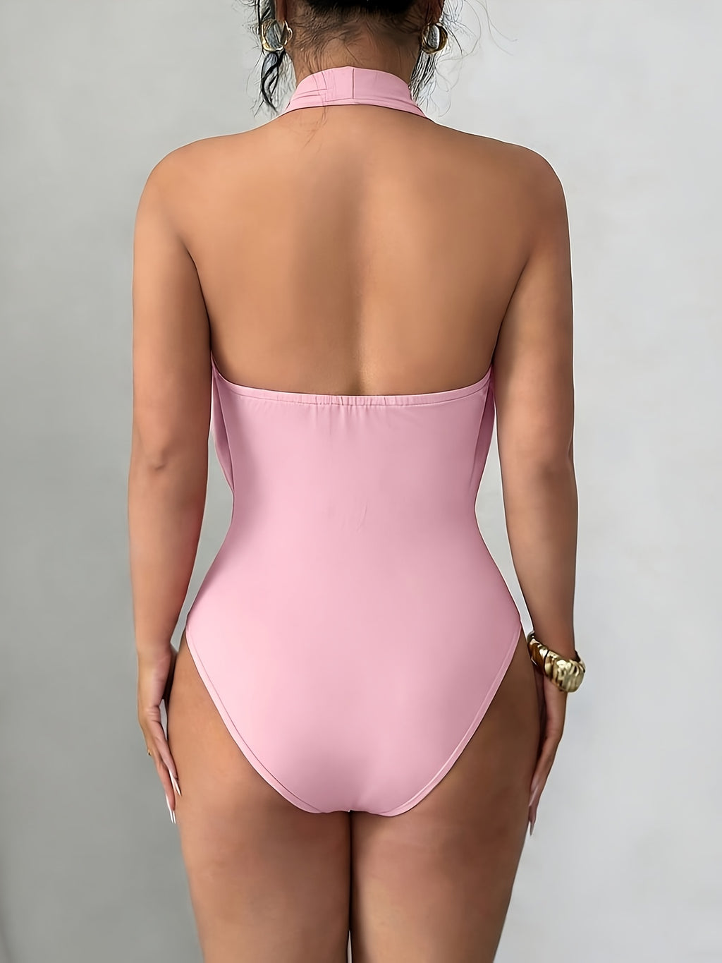 New Women's Solid Color Fashionable Summer Halter Neck Hollowed-out Bodysuit, Sexy Backless Tight-fitting Bodysuit, Slim Fit Bodysuit - pink