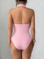 New Women's Solid Color Fashionable Summer Halter Neck Hollowed-out Bodysuit, Sexy Backless Tight-fitting Bodysuit, Slim Fit Bodysuit - pink
