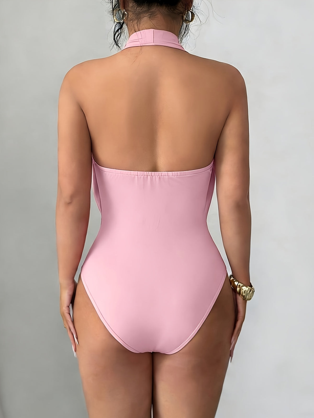 New Women's Solid Color Fashionable Summer Halter Neck Hollowed-out Bodysuit, Sexy Backless Tight-fitting Bodysuit, Slim Fit Bodysuit - pink