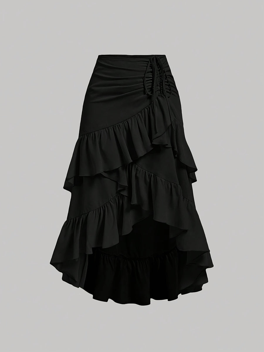 New Fashion Asymmetrical Pleated Hem Design Multi-layered Women's Skirt - Black