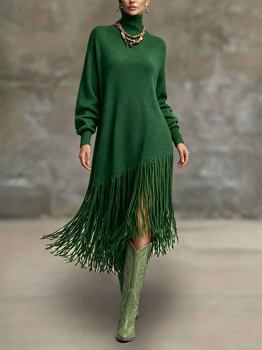 Women's Autumn New Arrival Bohemian Elegant Fringe Patchwork Hem Design St. Patrick's Day Natural Style Easter Atmosphere Vacation Knee-Length Dress - Dark Green