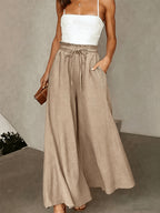 Boho Vacation Holiday French Wide Leg Pants,High Waist Drawstring Elastic Loose Fit Casual Trousers Beach Commute Slim Fit - Khaki