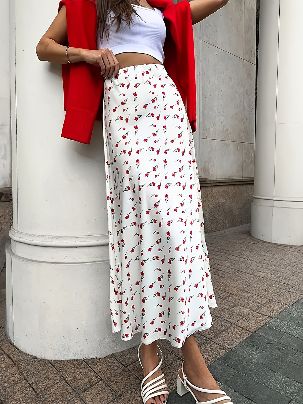 Elegant High-Waist A-Line Fishtail Cherry Print Skirt - Multicolor
