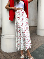 Elegant High-Waist A-Line Fishtail Cherry Print Skirt - Multicolor
