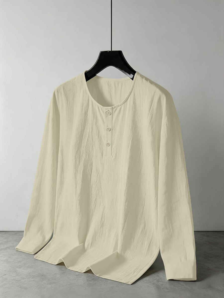 Men's Linen Henley Collar Long Sleeve Loose Fit Casual Vacation Top - Khaki