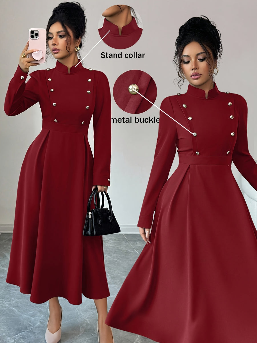 Women's Spring and Autumn Elegant Commuter Fashion Double-Breasted Decorative Long Sleeve Waist-Cinching Long Dress - Burgundy