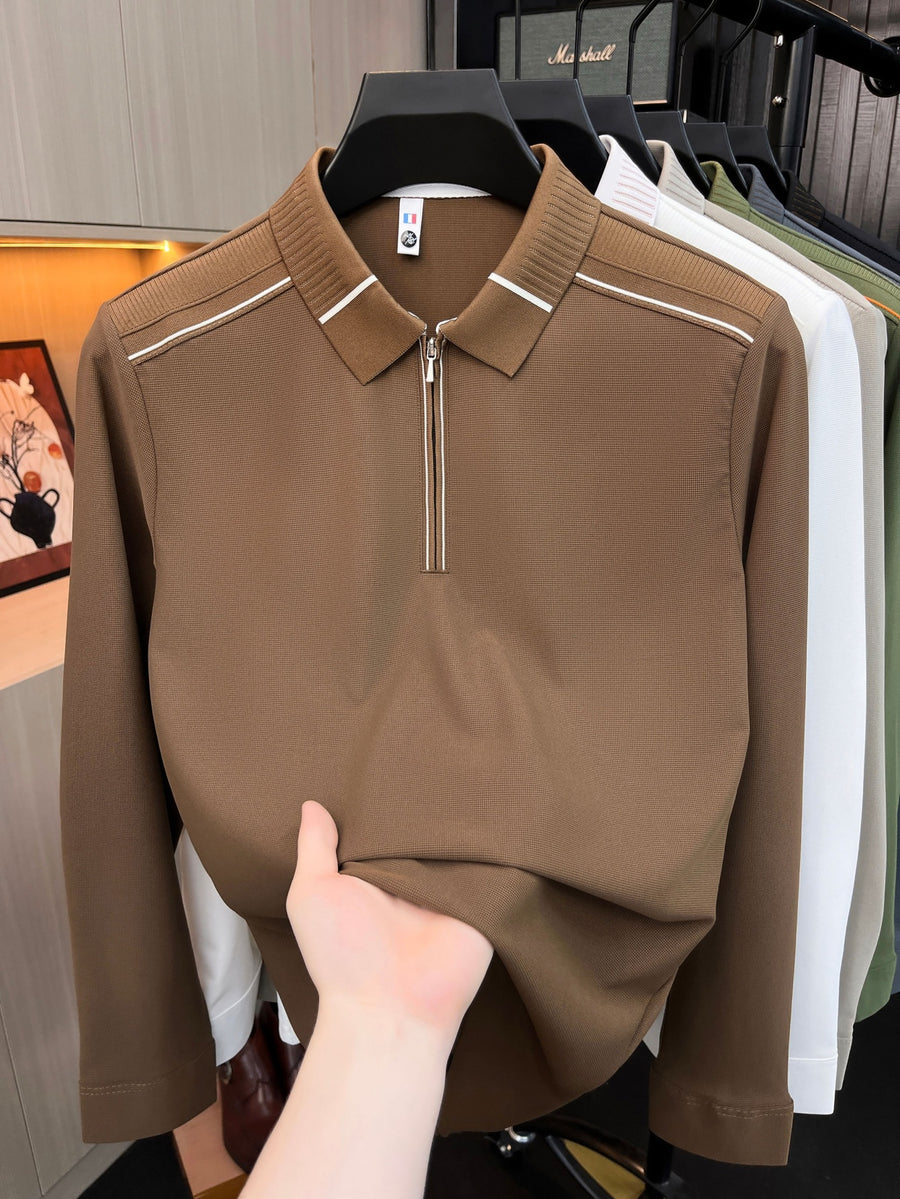 Men'S Clothing Golf Fishing Tennis Sports Solid Color Long Sleeve Lapel Polo Shirt New Long Sleeve T-Shirt Men Half Zip Seamless Polo Shirt Business Menswear Spring Autumn Casual Top Zip Lapel Tee Loose Daily Wear for Middle-Aged Men - Coffee Color