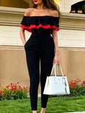 6163 Fashion Color-Block Off-Shoulder Double-Layer Ruffle Jumpsuit. Solid Color/Color Block/Off-Shoulder/Double-Layer Ruffle/No Belt/Side Pockets. Stretchy Comfort Fabric, Machine Washable. Daily Wear/Commute/Gatherings/Parties/Dates/Casual. - Black-2