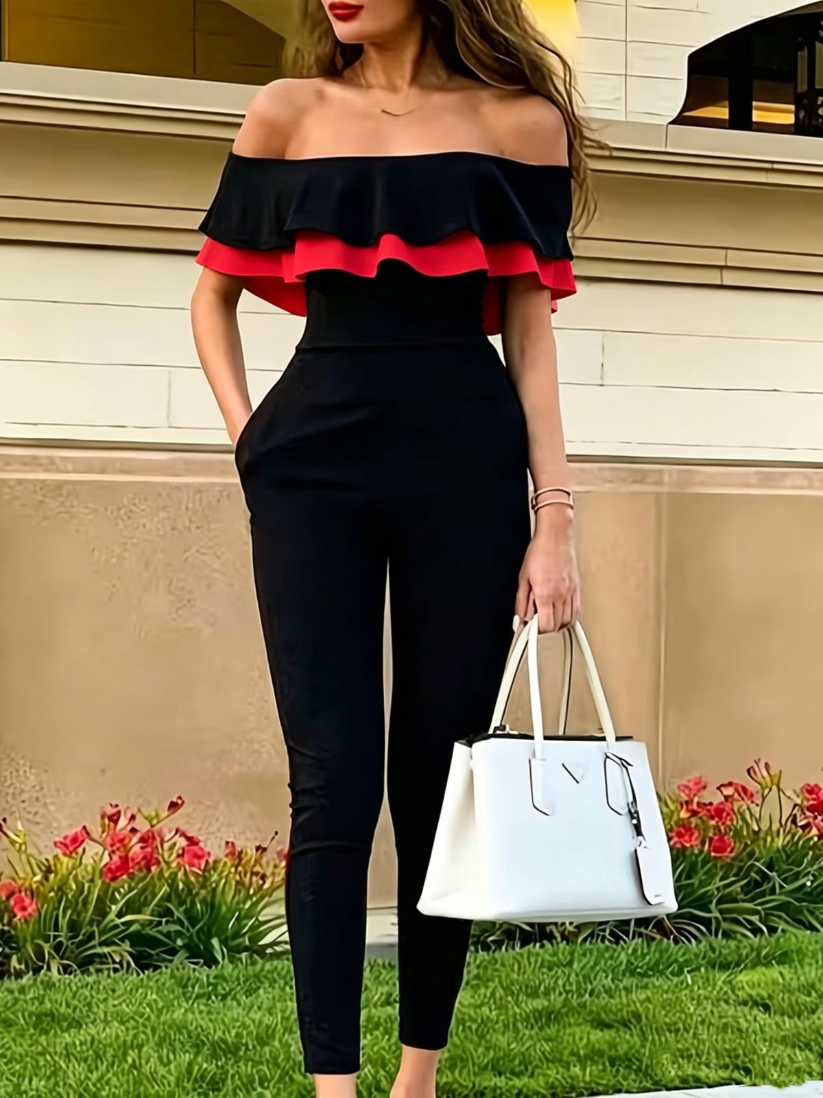 6163 Fashion Color-Block Off-Shoulder Double-Layer Ruffle Jumpsuit. Solid Color/Color Block/Off-Shoulder/Double-Layer Ruffle/No Belt/Side Pockets. Stretchy Comfort Fabric, Machine Washable. Daily Wear/Commute/Gatherings/Parties/Dates/Casual. - Black-2