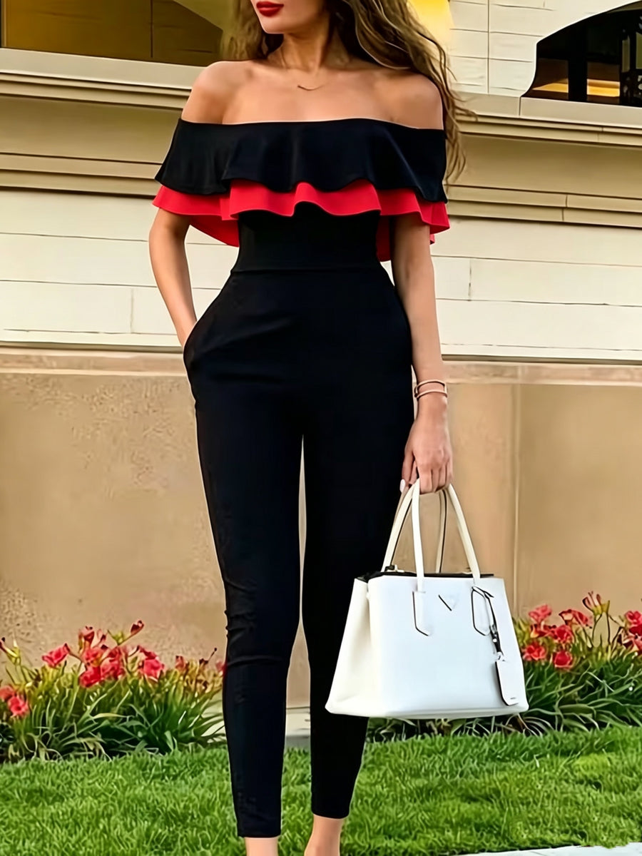 6163 Fashion Color-Block Off-Shoulder Double-Layer Ruffle Jumpsuit. Solid Color/Color Block/Off-Shoulder/Double-Layer Ruffle/No Belt/Side Pockets. Stretchy Comfort Fabric, Machine Washable. Daily Wear/Commute/Gatherings/Parties/Dates/Casual. - Black-2