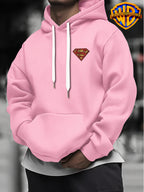 WB Warner Bros Official Superman Vintage Hoodie - Men's & Unisex Distressed Shield Logo Sweatshirt with S-Shield Back Print, Adjustable Hood, Loose Fit, Double-Sided Iconic WB Logo & Superman Emblem for Casual Wear, Machine Washable Warmth - Pink