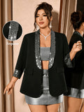 Women'S Sequin Patchwork Three-Quarter Sleeve Elegant Party Casual Suit Jacket Top - Black