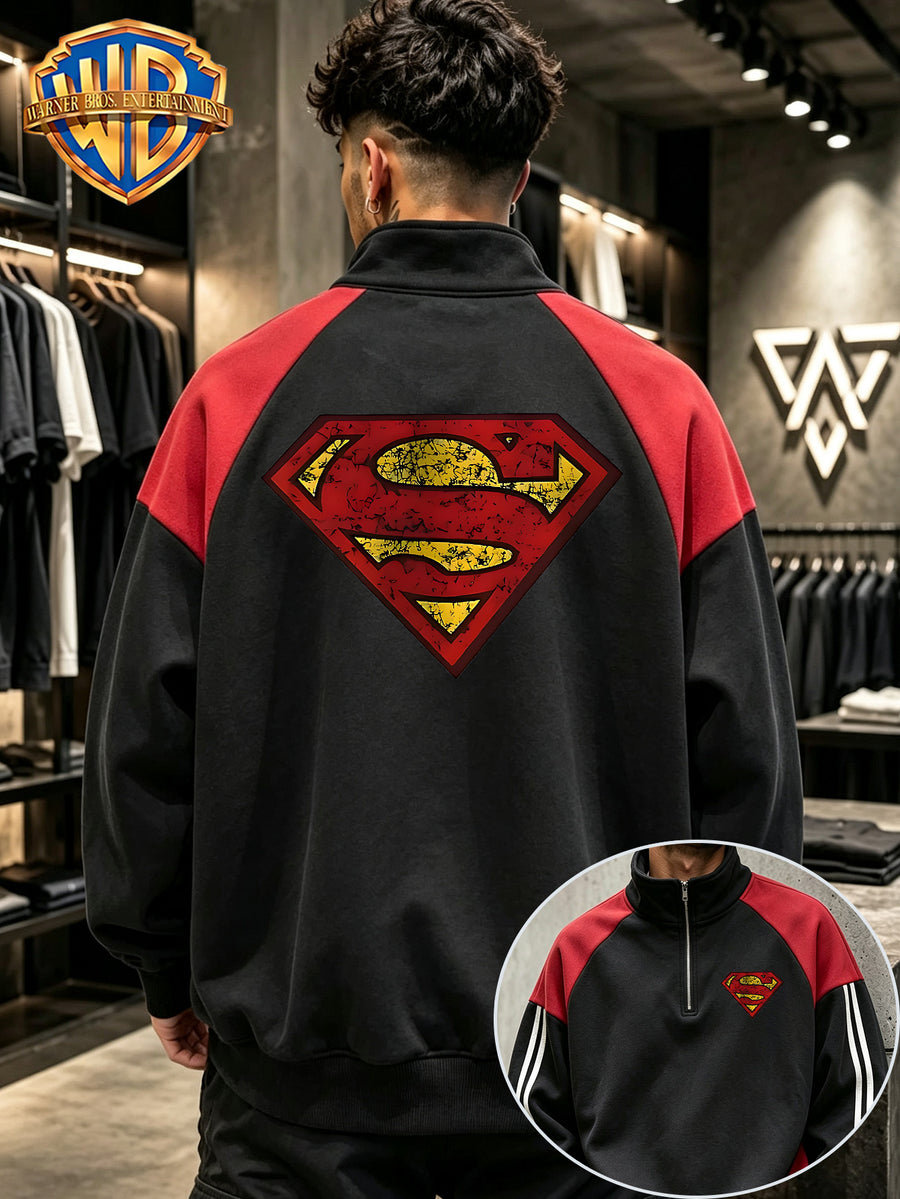 Men'S Half-Zip Stand Collar Sweatshirt, Retro Cracked Distressed Superman Classic S Shield Print, Black Red Contrast Patchwork with Double Stripes Long Sleeve Top, Autumn Winter Loose Casual Athletic Pullover Jacket, Trendy Outerwear for Daily Wear - Black