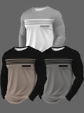 3pcs Men's Color Block Patchwork Long Sleeve T-Shirt, Simple Horizontal Stripe Faux Pocket Crew Neck Casual Top [Print Design - No Texture] - Mixed colors