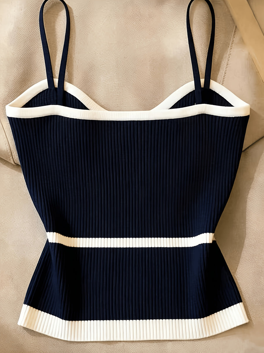 Women'S Contrast Color Patchwork Camisole Sweater (Size Runs Small, Recommend Up 1 Size) - Navy Color