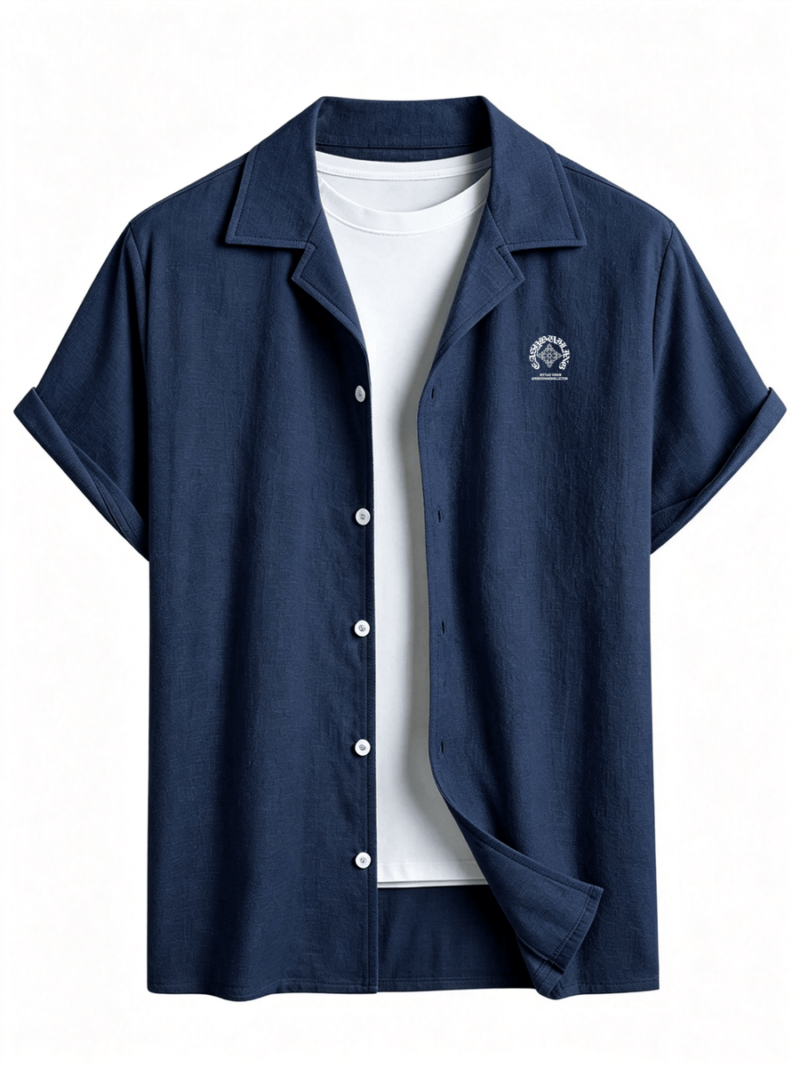 Men'S Summer Casual Short Sleeve Shirt, Outdoor Leisure Sports Print Lapel Comfortable Short Sleeve - Navy Color