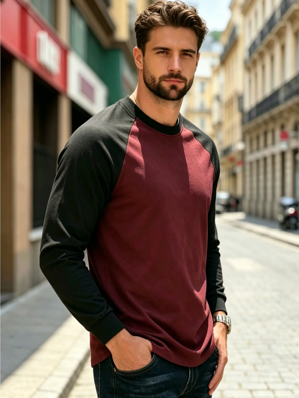 Men'S T-Shirt Casual New Daily Color-Block Long Sleeve Breathable Skin-Friendly Non-Sweaty Drop Shoulder Cut Visual Body Shaping Super Friendly Retro Contrast Design with Premium Aura Suitable for Sports Casual Daily Commuting Outdoor Activities Cas - Black+Maroon 2