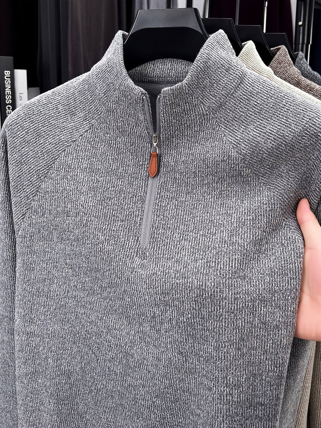 1pc Du Jing Lan OBM Men's Half-Zip Sweater - Solid Color Ribbed Knit Pullover with Stand Collar, Half-Zip Front Suitable for Layering, Business Casual & Outdoor Wear, Long Sleeve for Golf, Basketball, Daily Layering ( Autumn/Winter New Arrival) - Grey