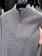 1pc Du Jing Lan OBM Men's Half-Zip Sweater - Solid Color Ribbed Knit Pullover with Stand Collar, Half-Zip Front Suitable for Layering, Business Casual & Outdoor Wear, Long Sleeve for Golf, Basketball, Daily Layering ( Autumn/Winter New Arrival) - Grey