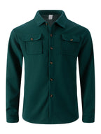 Men'S Waffle Knit Long Sleeve Button-Up Shirt, Casual Lapel Workwear with Chest Pocket, Lightweight And Breathable Daily Top, Autumn Menswear - Dark Green