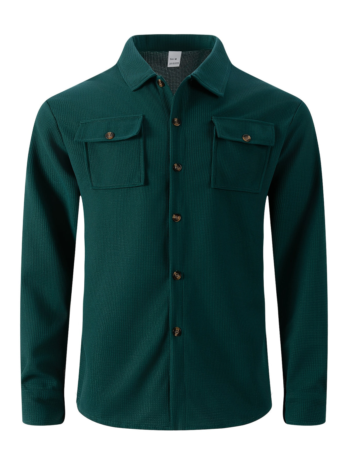 Men'S Waffle Knit Long Sleeve Button-Up Shirt, Casual Lapel Workwear with Chest Pocket, Lightweight And Breathable Daily Top, Autumn Menswear - Dark Green