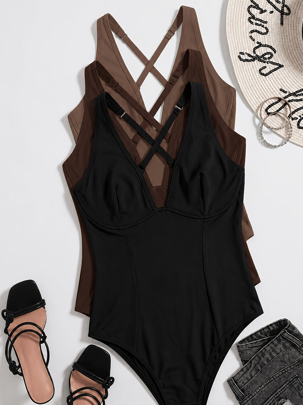 3pcs Women'S Sexy Bodysuit, Backless Criss-Cross Spaghetti Strap, Sexy And Comfortable with a Large Open Back, Soft, Breathable, And Versatile for Everyday Wear, Suitable for Layering Or Wearing Alone - Black+Cocoa Brown+Red Brown