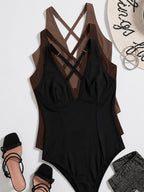 3pcs Women'S Sexy Bodysuit, Backless Criss-Cross Spaghetti Strap, Sexy And Comfortable with a Large Open Back, Soft, Breathable, And Versatile for Everyday Wear, Suitable for Layering Or Wearing Alone - Black+Cocoa Brown+Red Brown