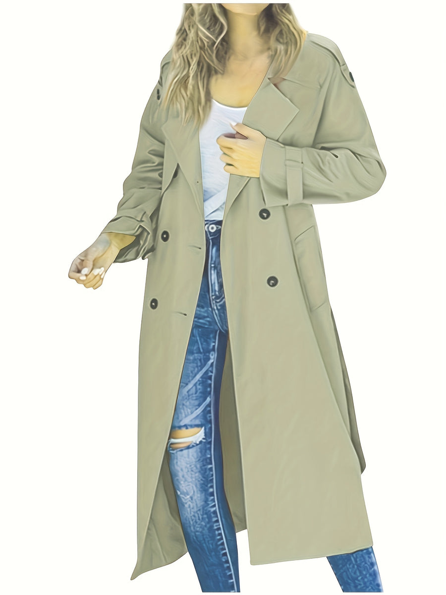 Women'S Autumn Winter Casual Temperament Solid Color Trench Coat Mid-Length Outerwear - Olive