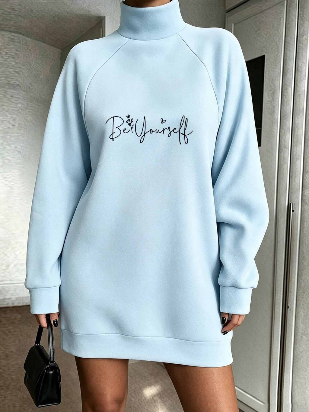Be Yourself Flower Lettering Womens Sweatshirt Autumn Winter Long Length Outdoor Office Travel Party Date Casual Wear - Sky Blue