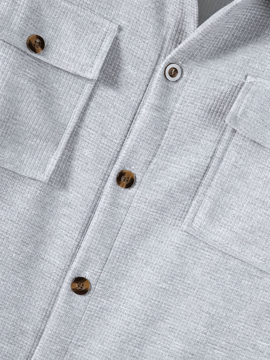 Pearson OBM Men's Casual Sport Jacket, American Vintage Waffle Texture Lapel Work Shirt Jacket, Men's Double Pocket Wood Button Loose Fit Casual Long Sleeve Shirt, Versatile Cardigan Jacket for Spring and Autumn - Grey