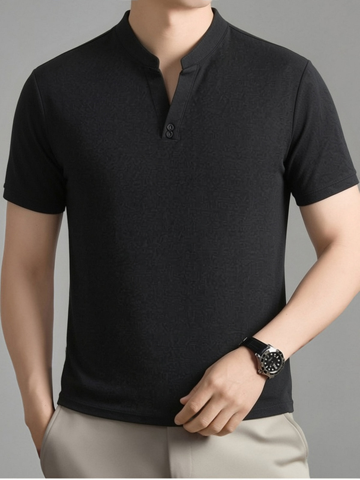 Men's Summer Short-Sleeve T-Shirt, Featuring a Stand-up Collar and Henry Collar Dual Design, with a Comfortable Texture Suitable for Both Business and Casual Wear - Dark Gray